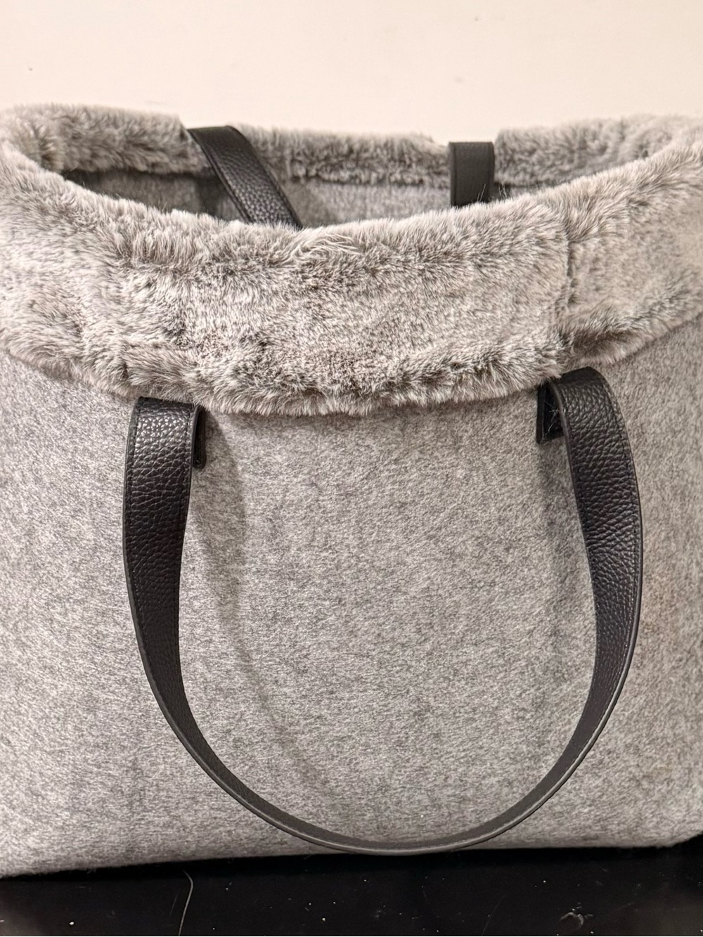 Grey Felt Tote Bag Faux Fur Trim Winter Shoulder Bag Cozy Cabin Chic